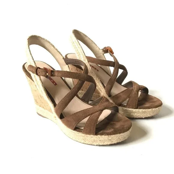 Prada Suede Cork Wedge Heels Sandals Womens 37 7 Brown Tan Platform Buckle Shoes - Picture 2 of 9